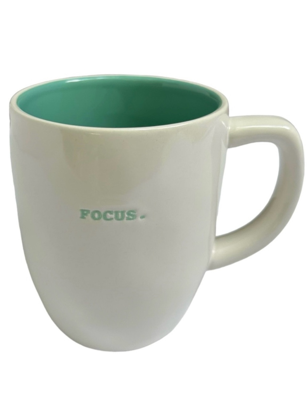 Rae Dunn FOCUS Mug Coffee Tea White with Teal Letters and Interior Dimples 2017